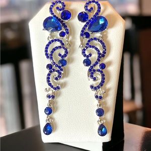 Royal Blue Earrings Crystal Rhinestone Dangle Long Bridal Prom Jewelry Earrings